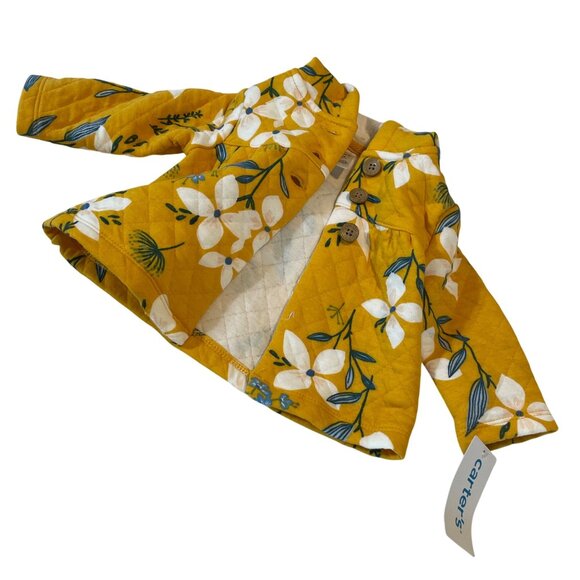 Baby Girls Carters Quilted Hooded Jacket 3M Yellow Floral Cotton Blend - Picture 4 of 8